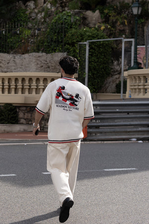 CHEMISE TENDANCE HOMME ETE MONACO GRAND PRIX EN MAILLE BLANCHE STYLE CASABLANCA